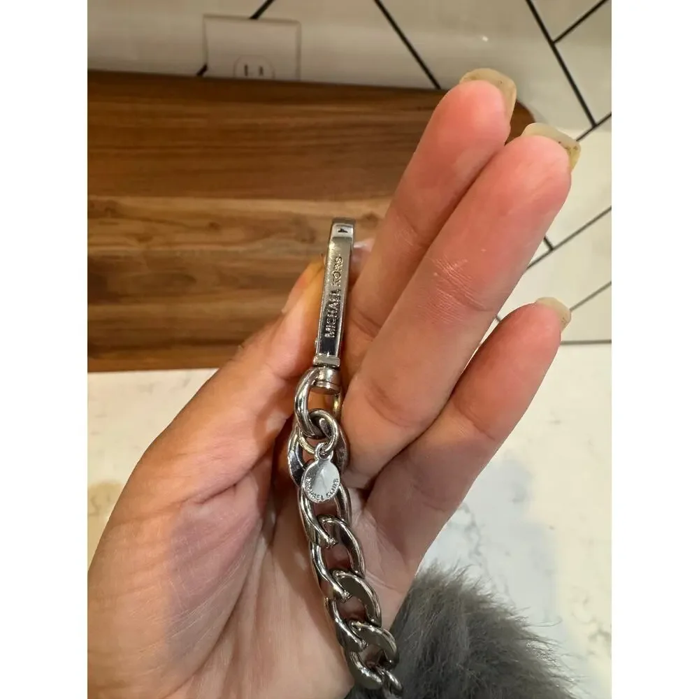 Michael Kors Large Fur Pom Pom Bag Charm keychain neutral glam silver tone
